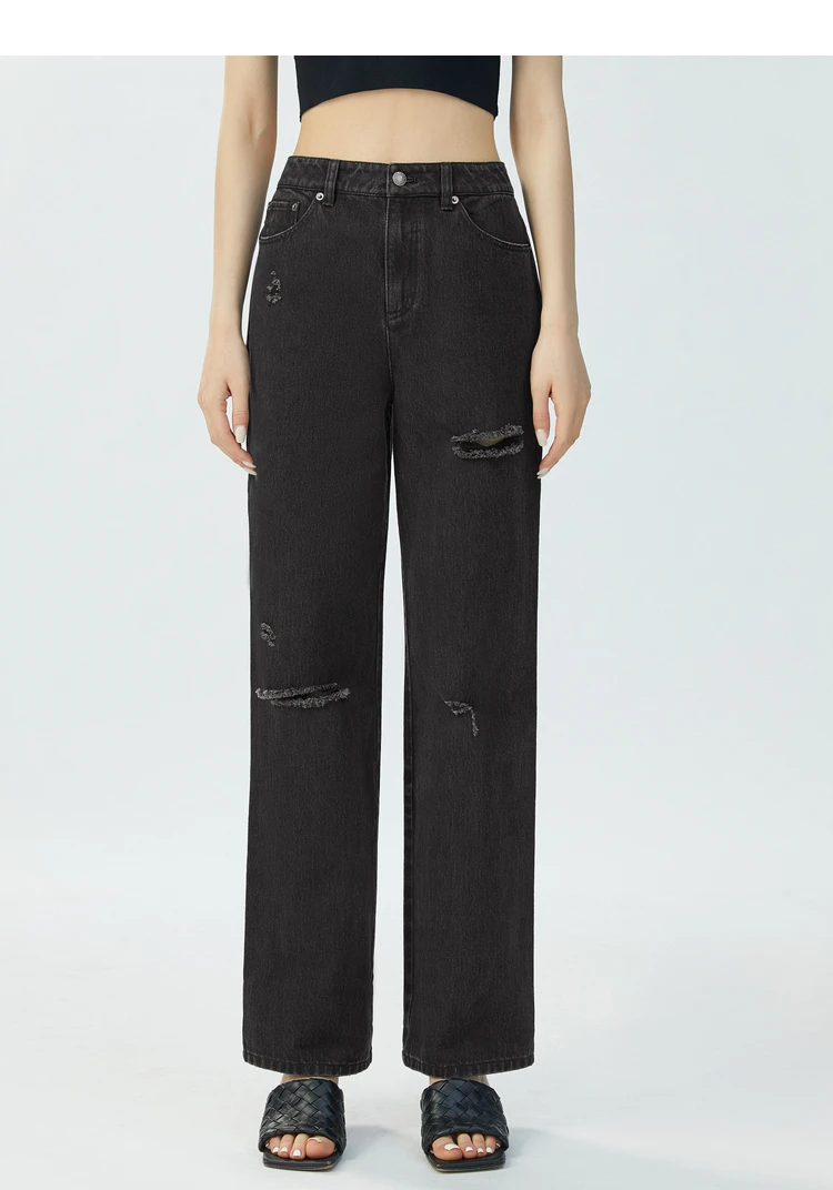 GIRDEAR/哥弟真的好2023显瘦百搭造型破洞直筒牛仔裤长裤A100170