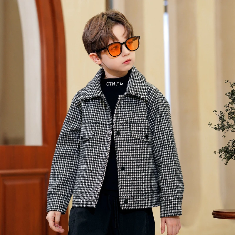 罗蒙男童短款外套2024春秋新款男宝宝儿童千鸟格呢大衣帅气时尚
