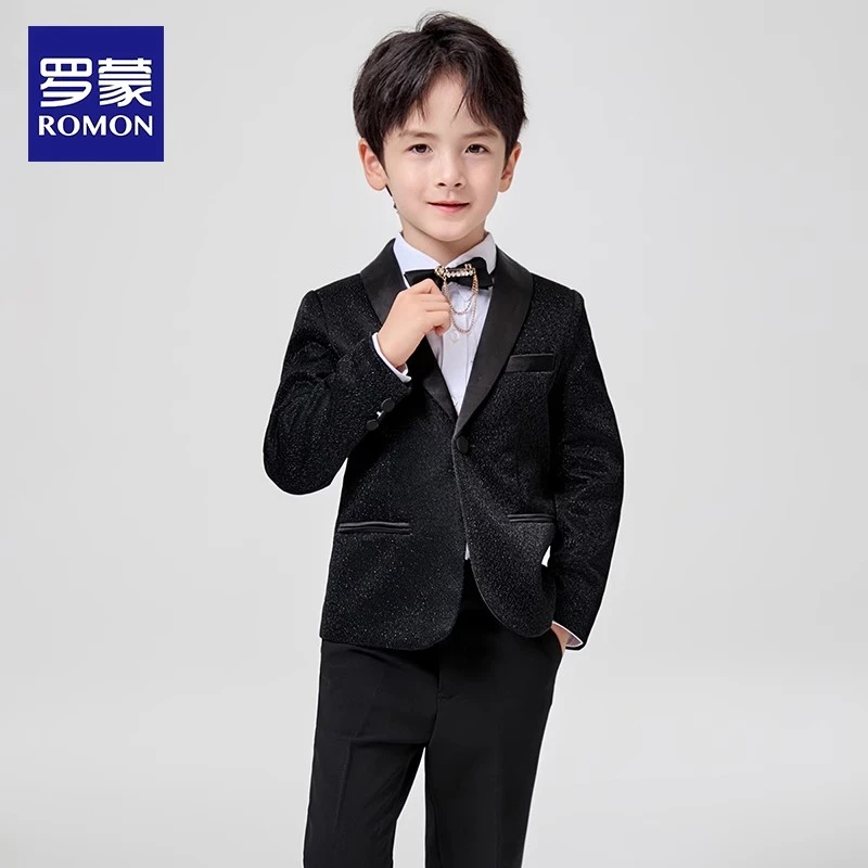 罗蒙儿童西装套装男童主持人礼服男孩花童黑色西服新款钢琴演出服