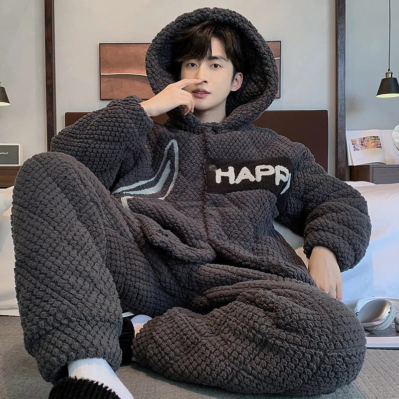 睡衣男冬季三层夹棉加绒加厚拉链卡通青少年连家居服套装可外穿