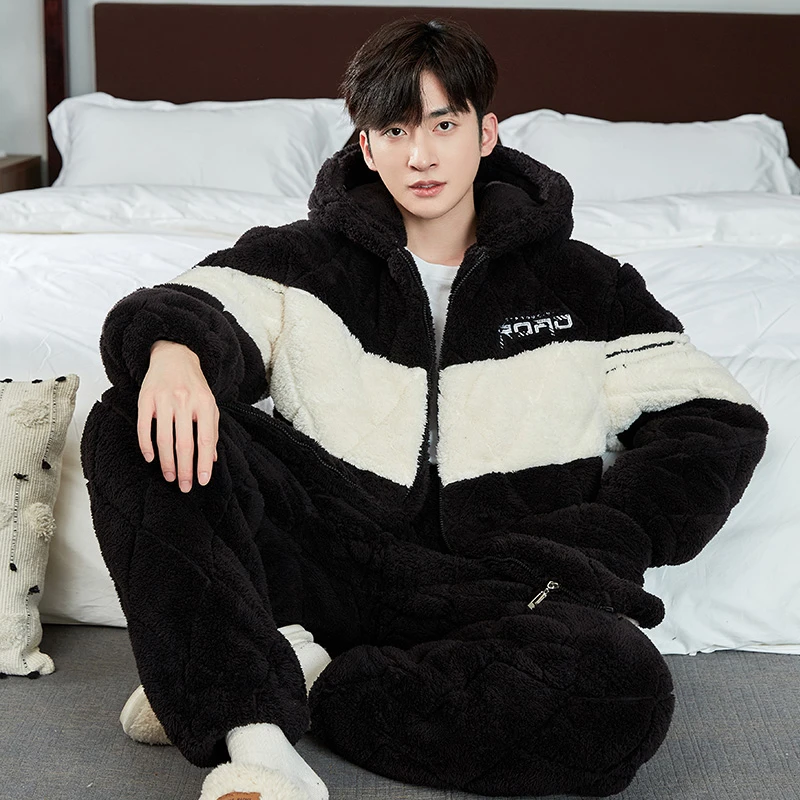睡衣男冬季三层夹棉加绒加厚青少年拉链连帽保暖冬款家居服可外穿