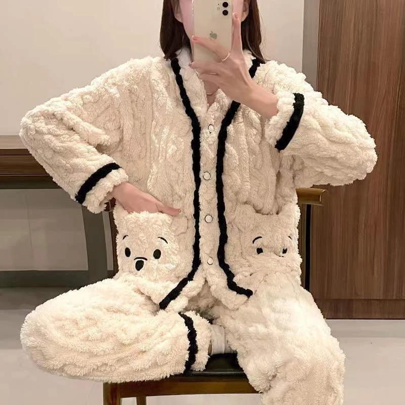 （两个熊）珊瑚绒睡衣冬季女款加绒加厚新款冬款长袖家居服保暖