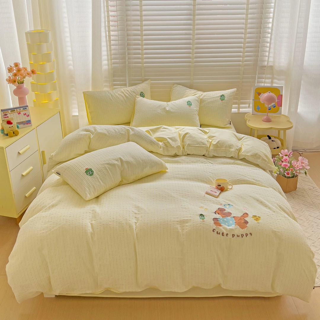 小玲子 幸运小狗 100%全棉水洗棉刺绣三件套四件套提花工艺可爱风