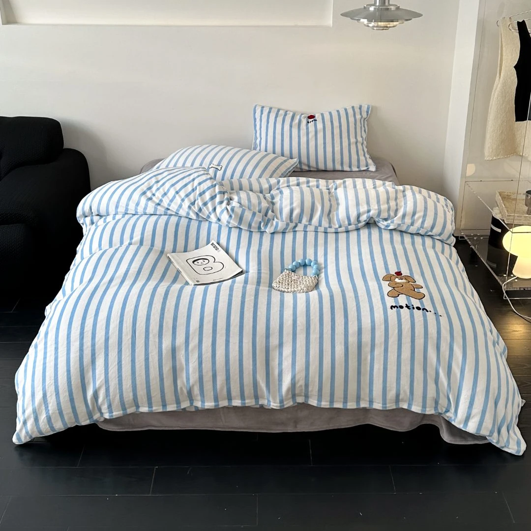 小玲子 小棕熊 毛巾绣双面牛奶绒三件套四件套 可爱小清新风