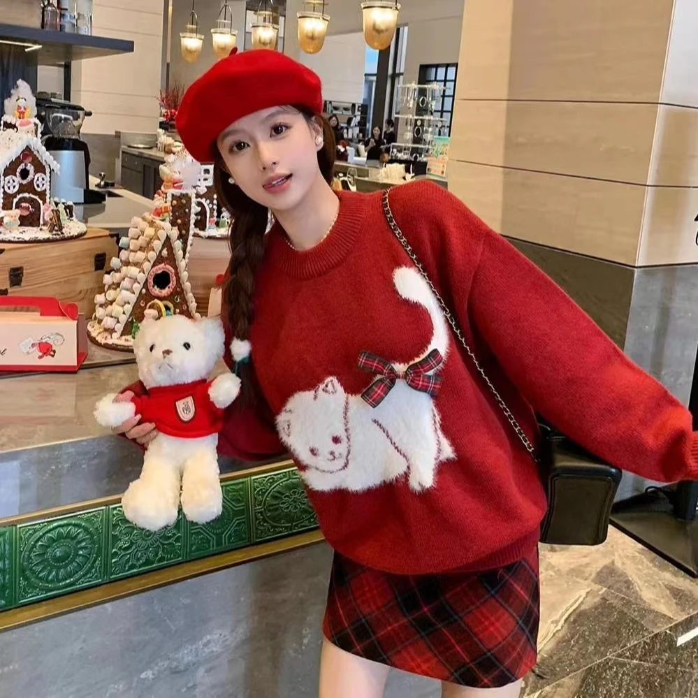 蝴蝶结屁屁猫红色毛衣女2024秋冬新款宽松慵懒风软糯针织衫上衣潮
