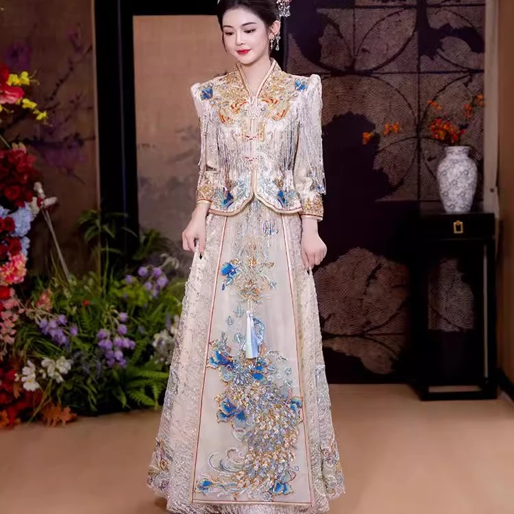 秀禾服婚服2025新款浅蓝嫁衣新娘结婚香槟色敬酒服中式礼服出阁服