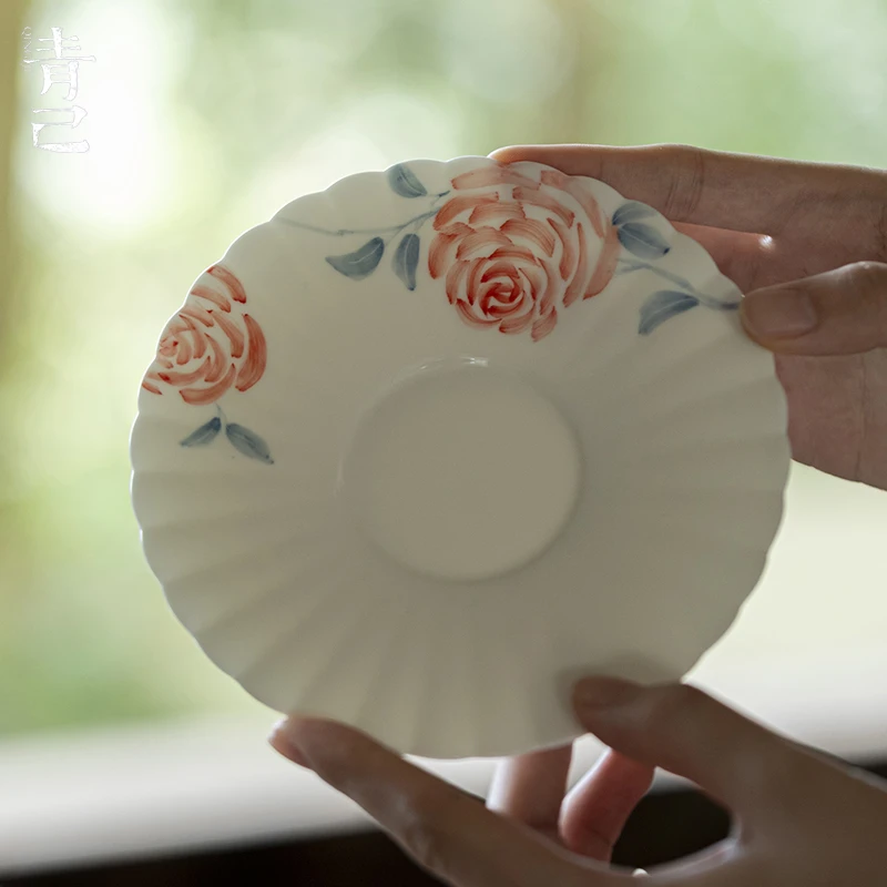 青己-玉瓷-玫瑰-花瓣壶承精工手绘釉下彩白瓷新中式陶瓷茶盘茶道
