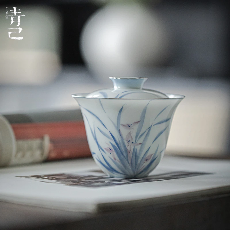 青己-玉瓷-落神香妃-归栀盖碗青花手绘釉下彩新中式容量120ml
