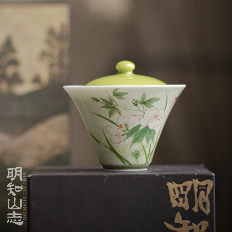 明知山志 果青花枝招展云归盖碗 文人器玉泥手绘功夫茶具陶瓷茶碗