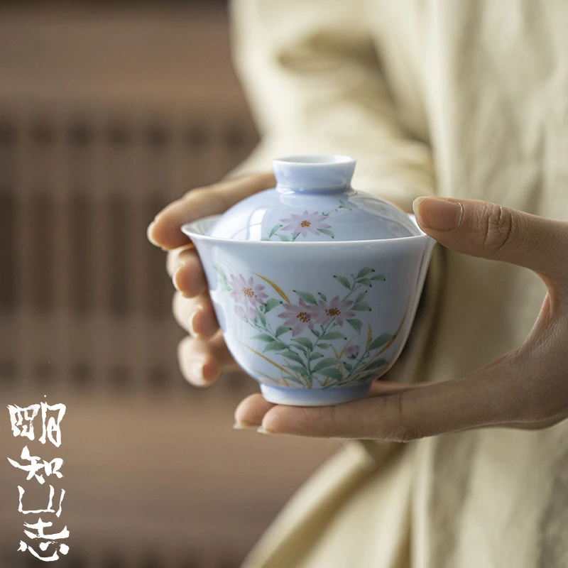 明知山志-碧落蓝-吹芳笛春-慕言盖碗手工复古陶瓷中式蝶恋花防烫