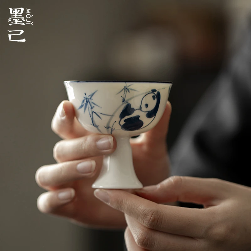 墨己 玉瓷-熊猫戏竹-仿宋高足茶杯
