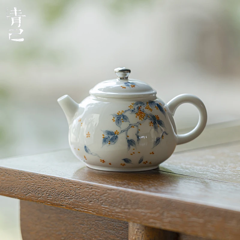 青己-玉瓷-桂香点金-贵妃壶精工手绘釉下彩白瓷陶瓷