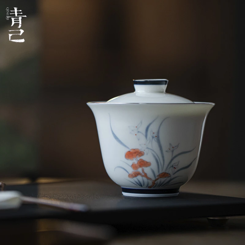 青己-玉瓷-灵芝兰花图-华初盖碗青花手绘釉下彩新中式陶瓷140ml