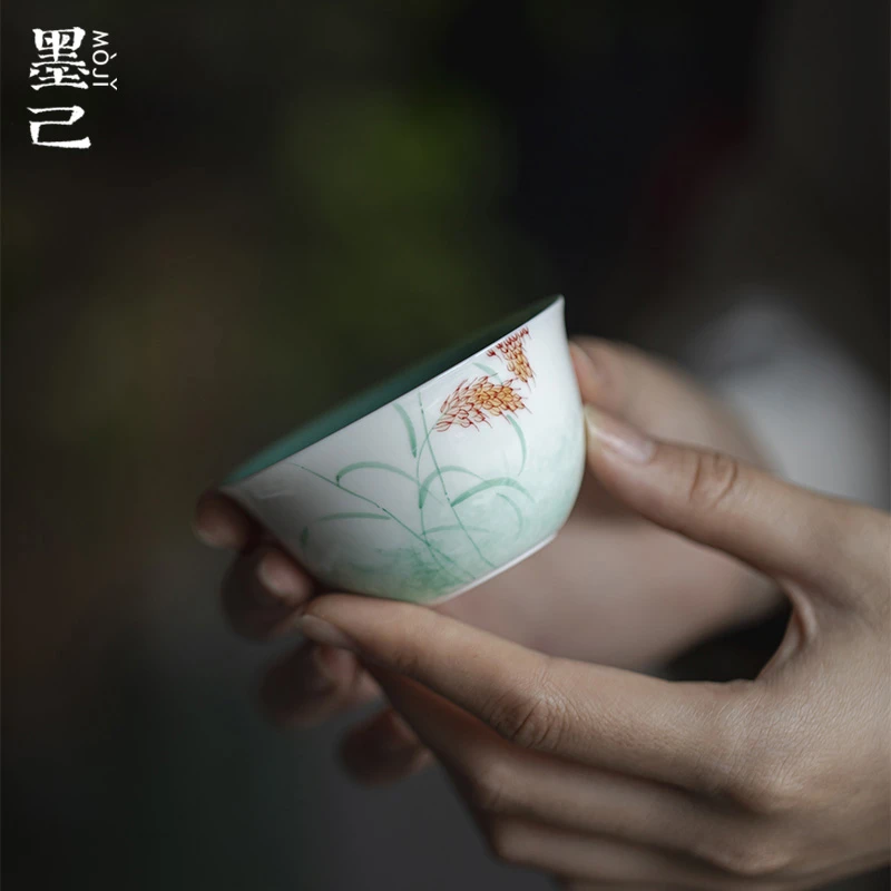 墨己白手绘麦穗陶瓷主人杯功夫茶具家用喝茶单杯内釉松石绿品茗杯
