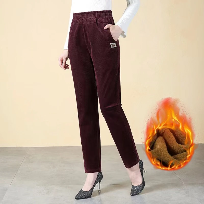 灯芯绒女裤冬季新款松紧高腰中年女性条绒直筒休闲裤