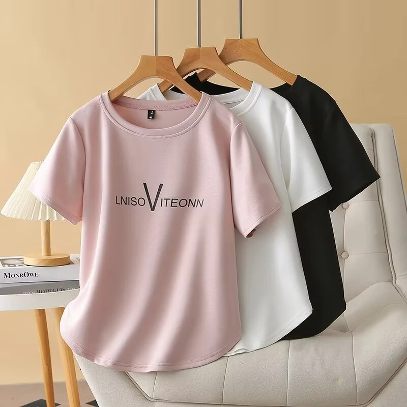 2024夏季新款大码女装休闲宽松显瘦字母印花清凉冰爽短袖T恤上衣