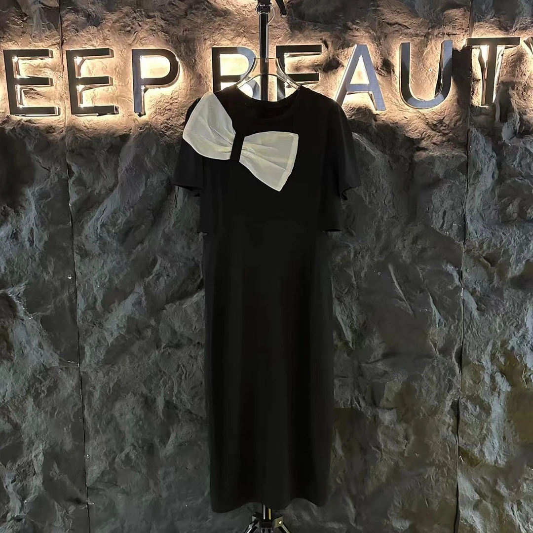 2024斜肩蝴蝶裙子时尚休闲百搭夏季黑色简约潮流长款收腰修身1015