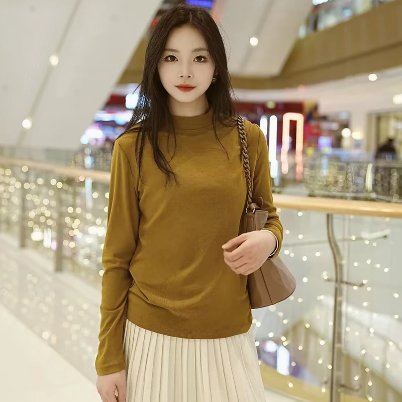 高品质精品弹力棉时尚百搭休闲简约纯色女装小立领打底T恤8332