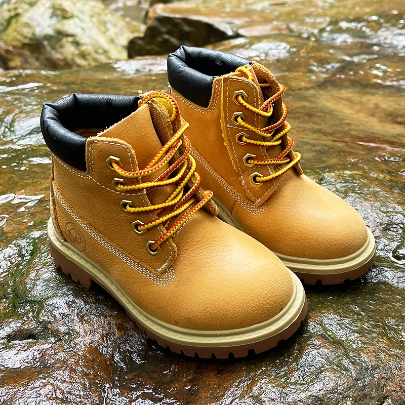 儿童大黄靴男童短靴秋冬黄色宝宝靴子男孩黄靴女童马丁靴真皮加绒