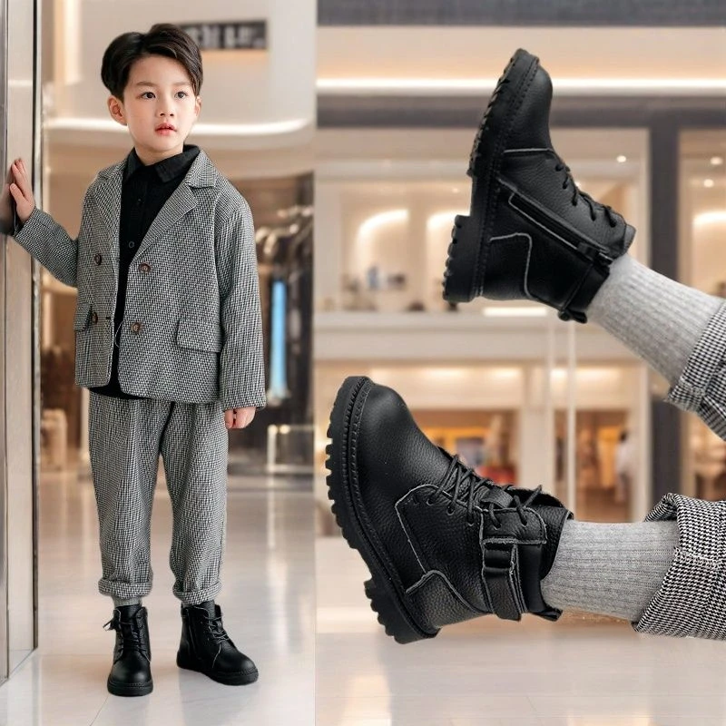 仔仔乐男童靴子英伦风男孩马丁靴真皮时尚儿童小孩女童皮靴加绒潮
