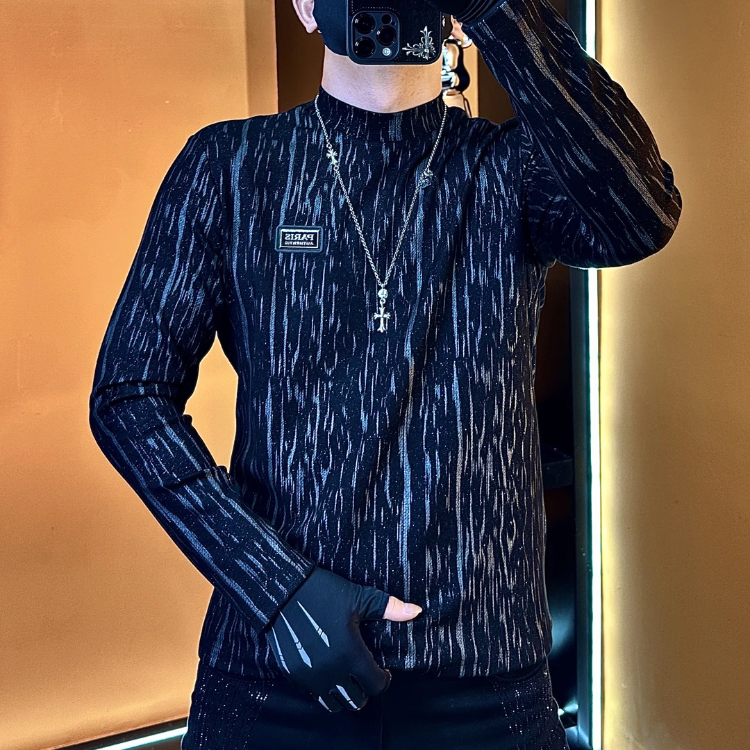 2024秋季男上衣轻奢时尚潮流条纹休闲百搭男士长袖8801