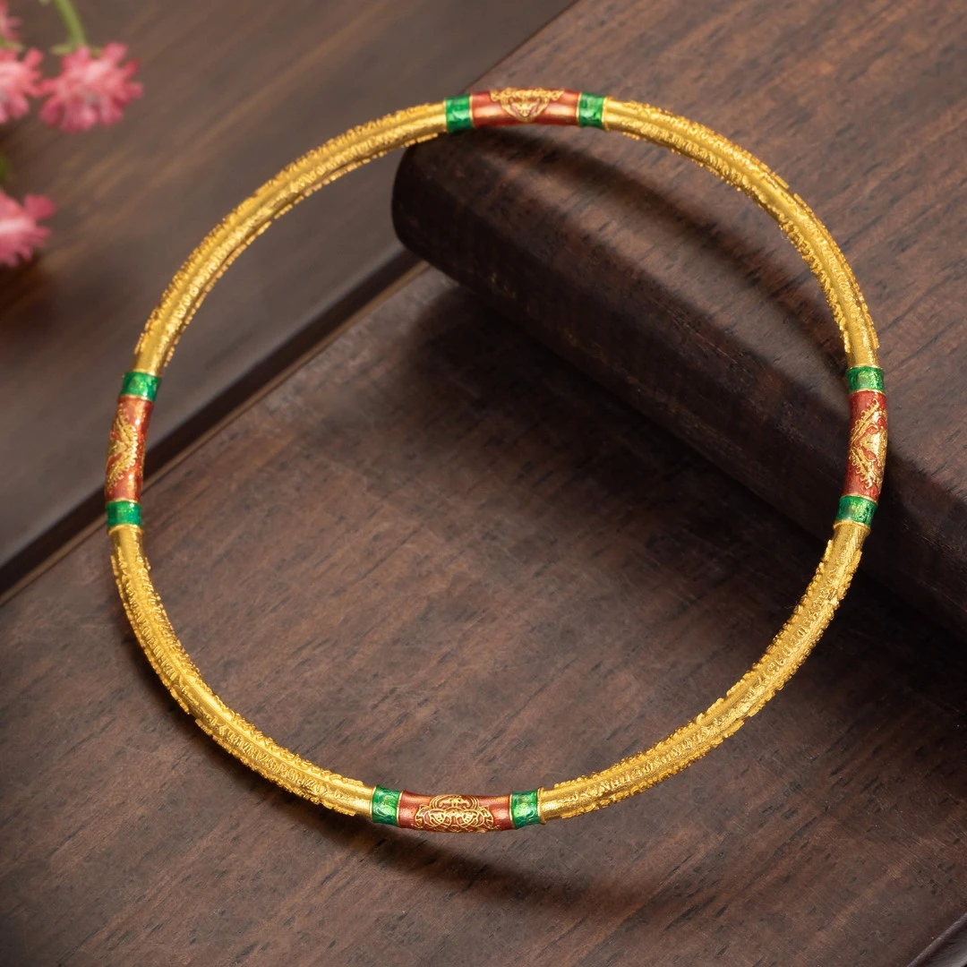 【来福】18k金高温烧蓝拉胡立体錾刻圆条手镯