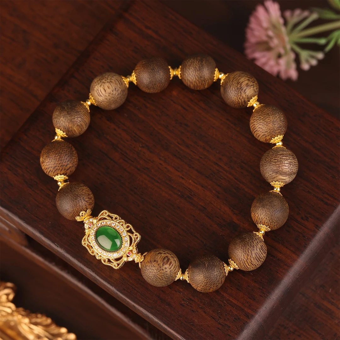 【来福原创专享】栖间|18k金高阶翡翠鸽子蛋奇楠沉香圆珠10mm手串