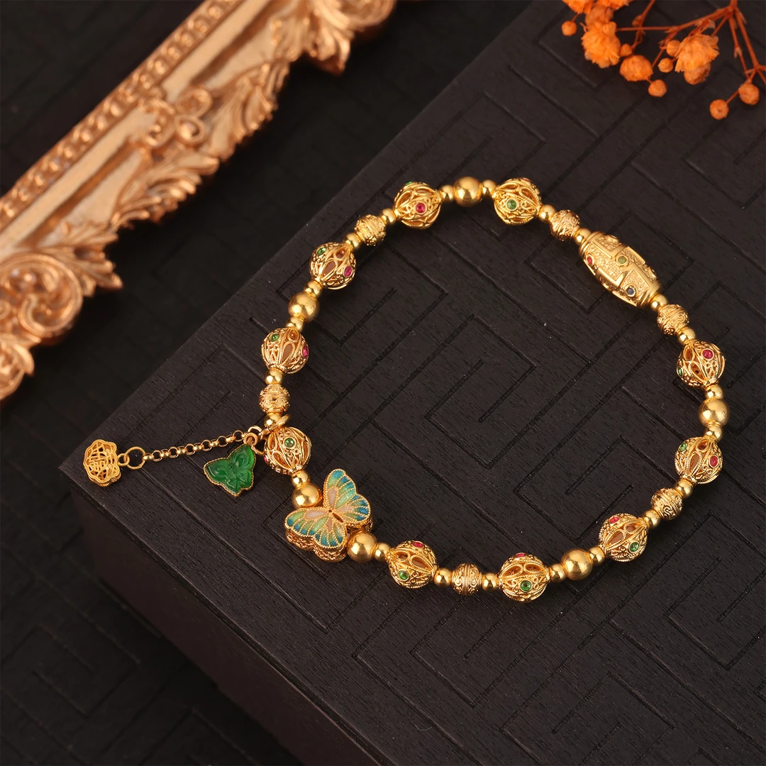 【来福原创】18k金烧蓝蝴蝶南瓜珠九眼桶珠流苏手串大气显白款