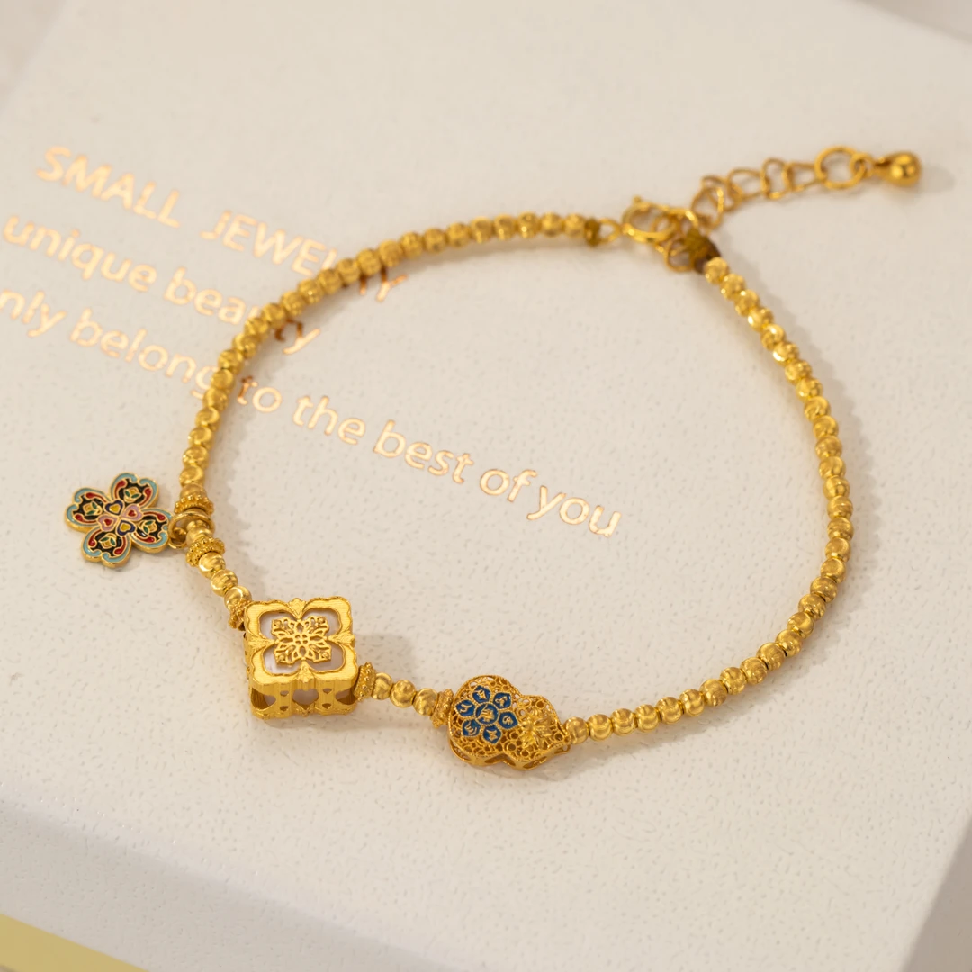 【来福原创】18k金猫眼金珠扎基杵杵六字真言葫芦宝相花手链