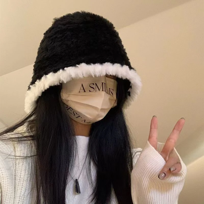 帽子女秋冬季韩版素颜遮脸时尚百搭盆帽显脸小毛绒绒水桶渔夫帽女