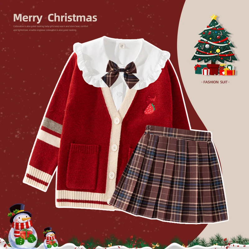 女童过年衣服儿童新年红色战袍套装中大童拜年服女孩jk连衣裙冬装