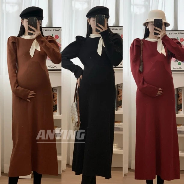 秋冬假期/孕妇冬季新款撞色领系带蝴蝶结收腰气质法式淑女针织裙