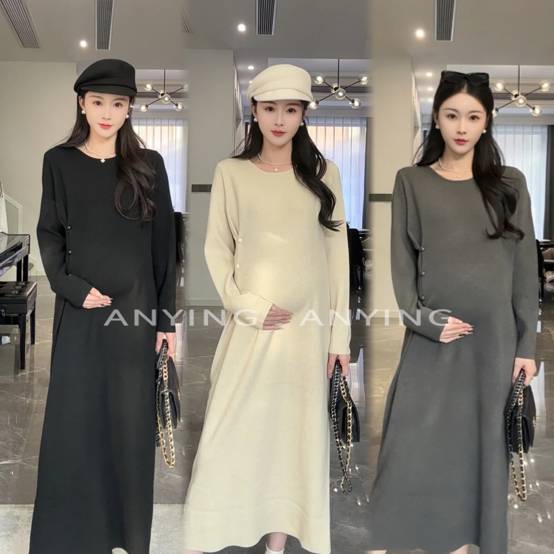 北海道 秋冬孕妇气质显瘦纽扣连衣裙针织打底加厚连衣裙