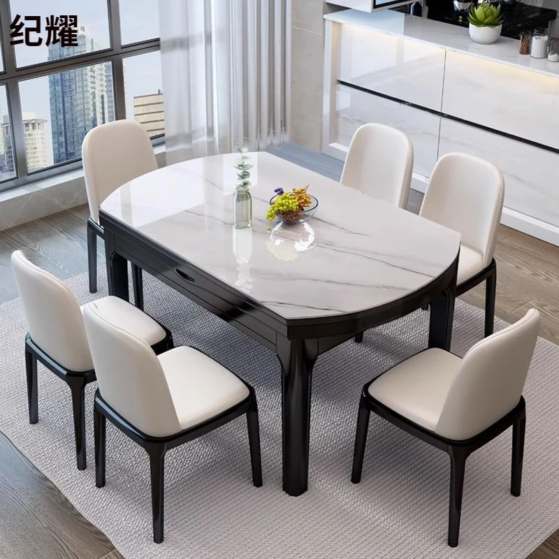 岩板餐桌家用小户型客厅长方形静味折叠可伸缩圆桌实木大理石饭桌