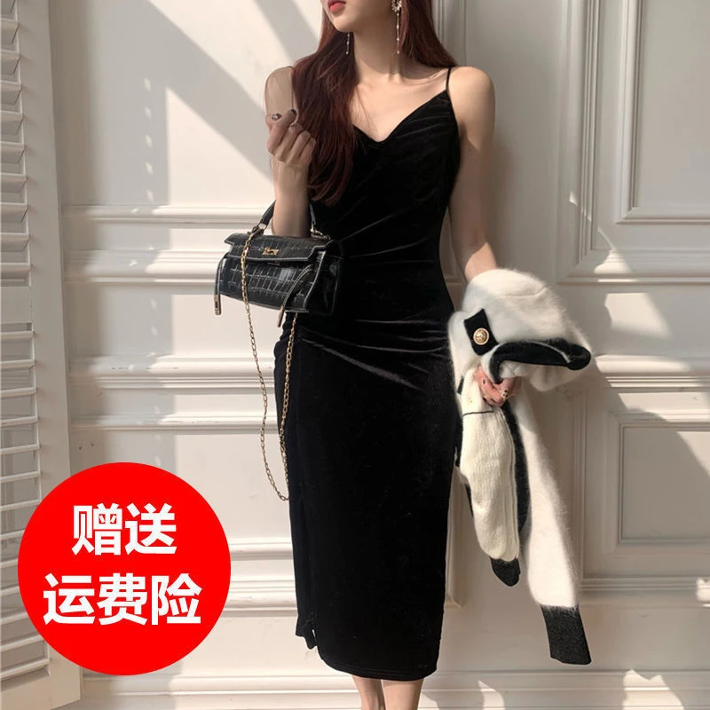 高档v领黑色吊带裙金丝绒连衣裙女春秋新款气质开叉显瘦修身长裙