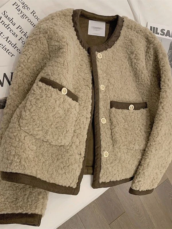 秋冬季小香风皮毛一体羊羔毛绒外套女摇粒绒百搭复古加绒加厚棉衣