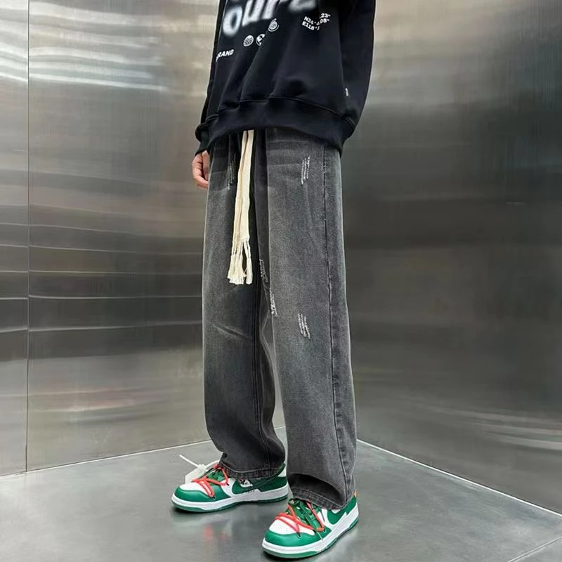 美式高街牛仔裤男款春秋百搭宽松直筒阔腿休闲复古ins设计感长裤