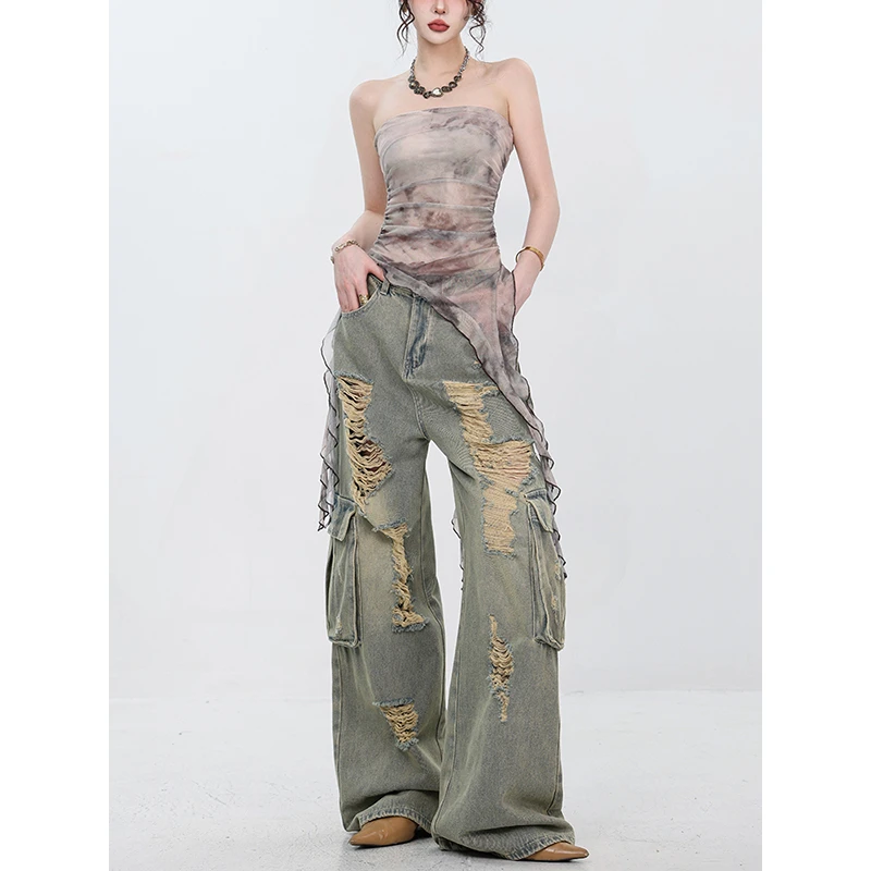 ABWEAR 荒野之诗-原创复古破洞工装牛仔裤女宽松垂坠感拖地裤长裤