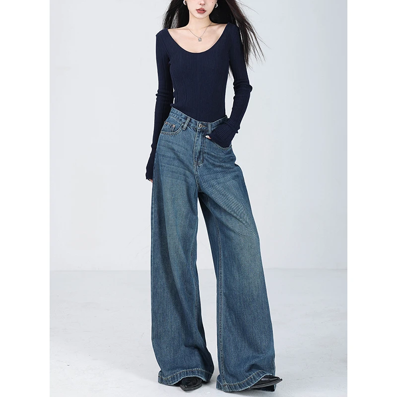 ABWEAR2024夏季新款美式蓝色阔腿宽松牛仔裤女高腰显瘦直筒拖地裤