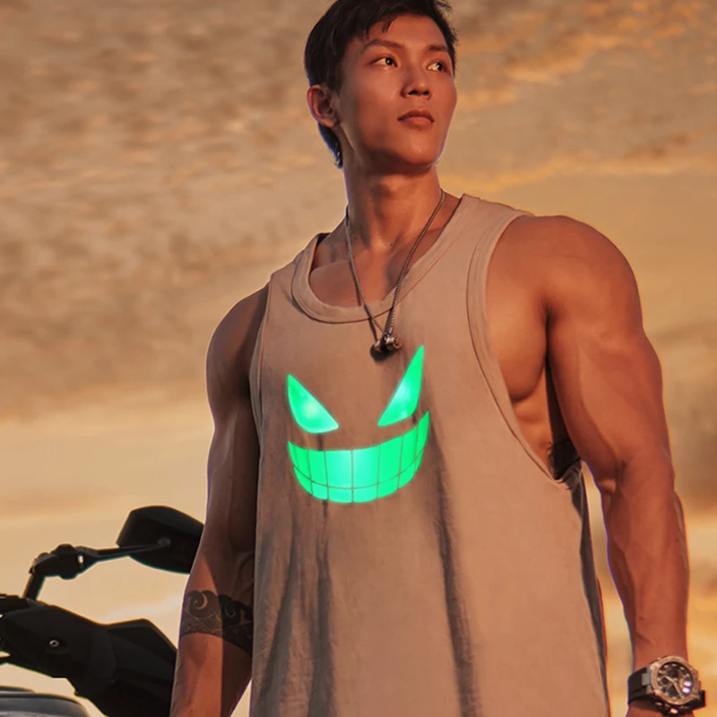 IG惯性基因夜光鬼脸破洞纯棉无袖运动背心健身坎肩训练宽松透气