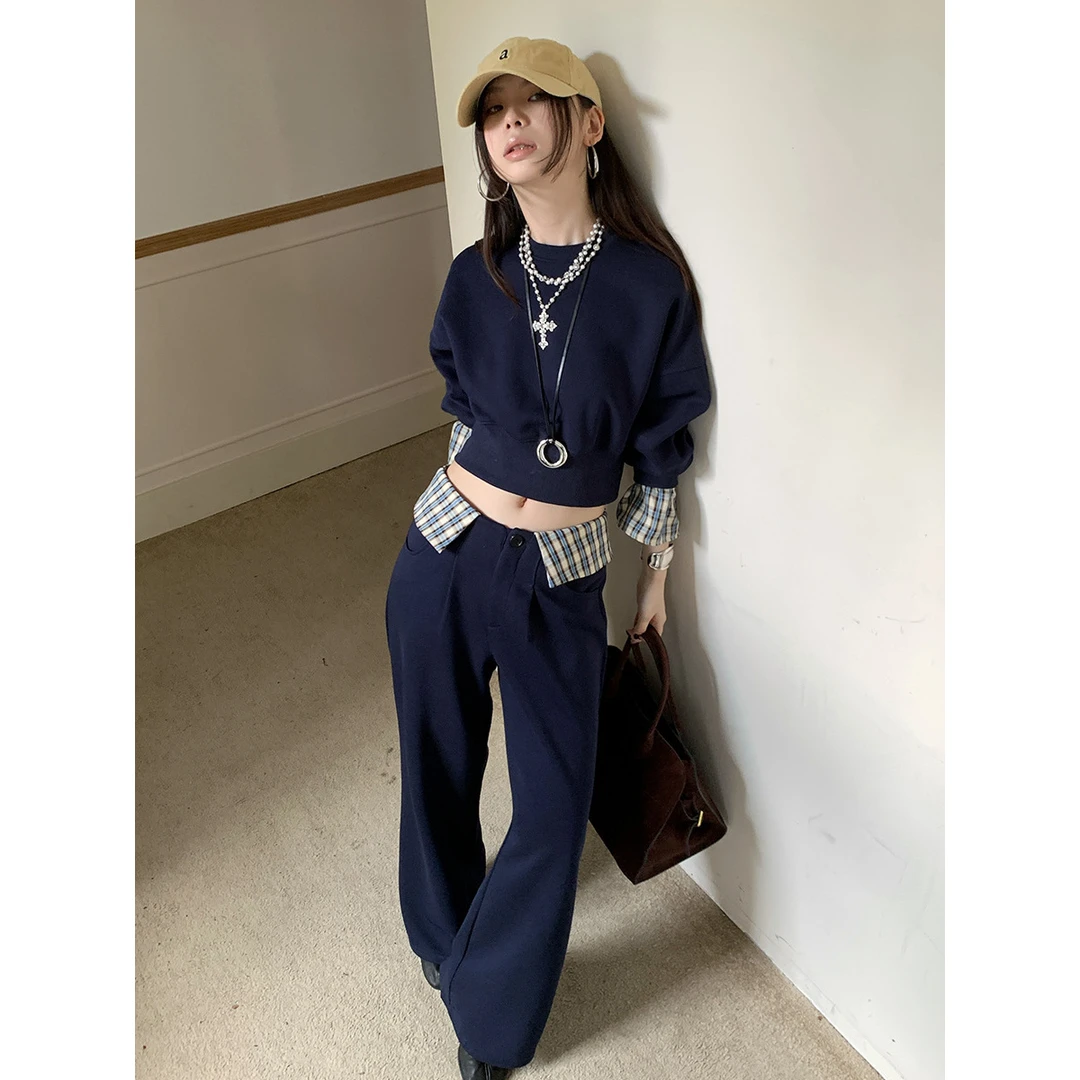 时髦休闲格纹拼接宽松卫衣T+直筒休闲阔腿卫裤套装小众显瘦炸街