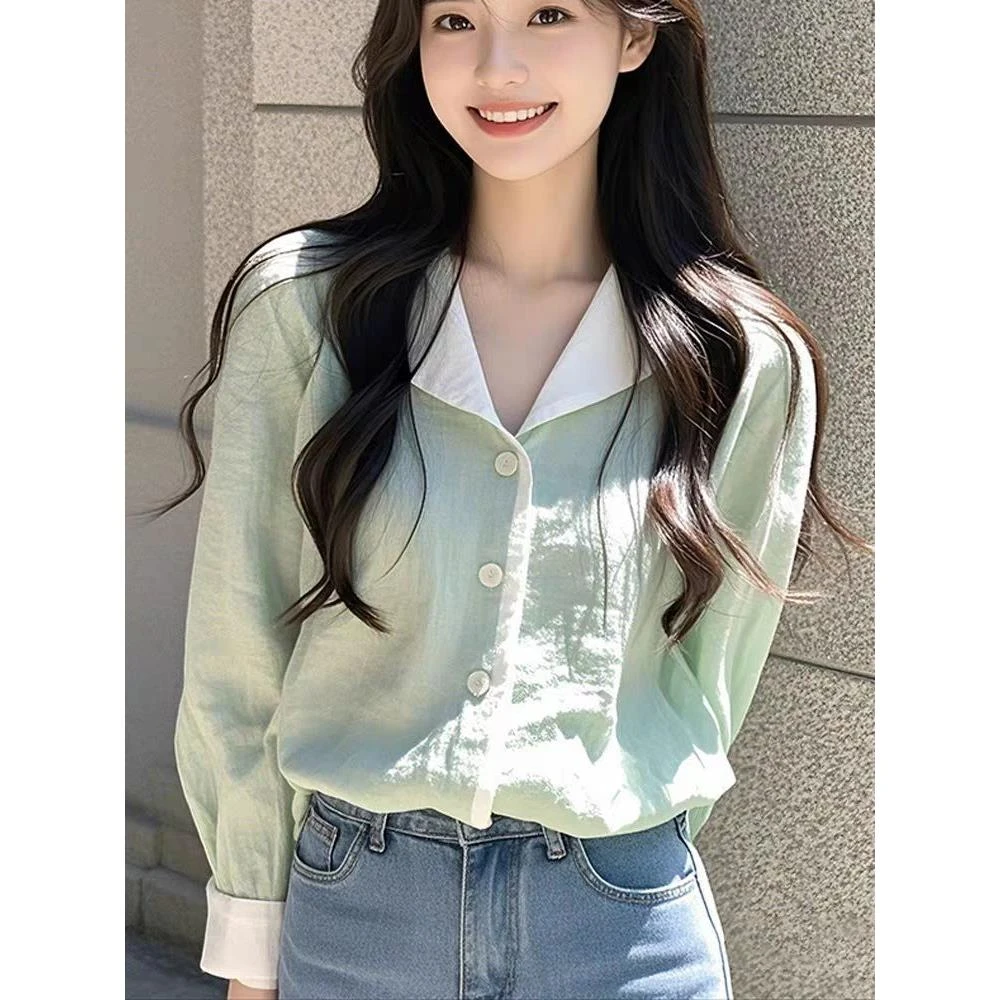 2024年早秋新款法式衬衫设小众计感拼接气质休闲衬衫爆款绿色衬衣