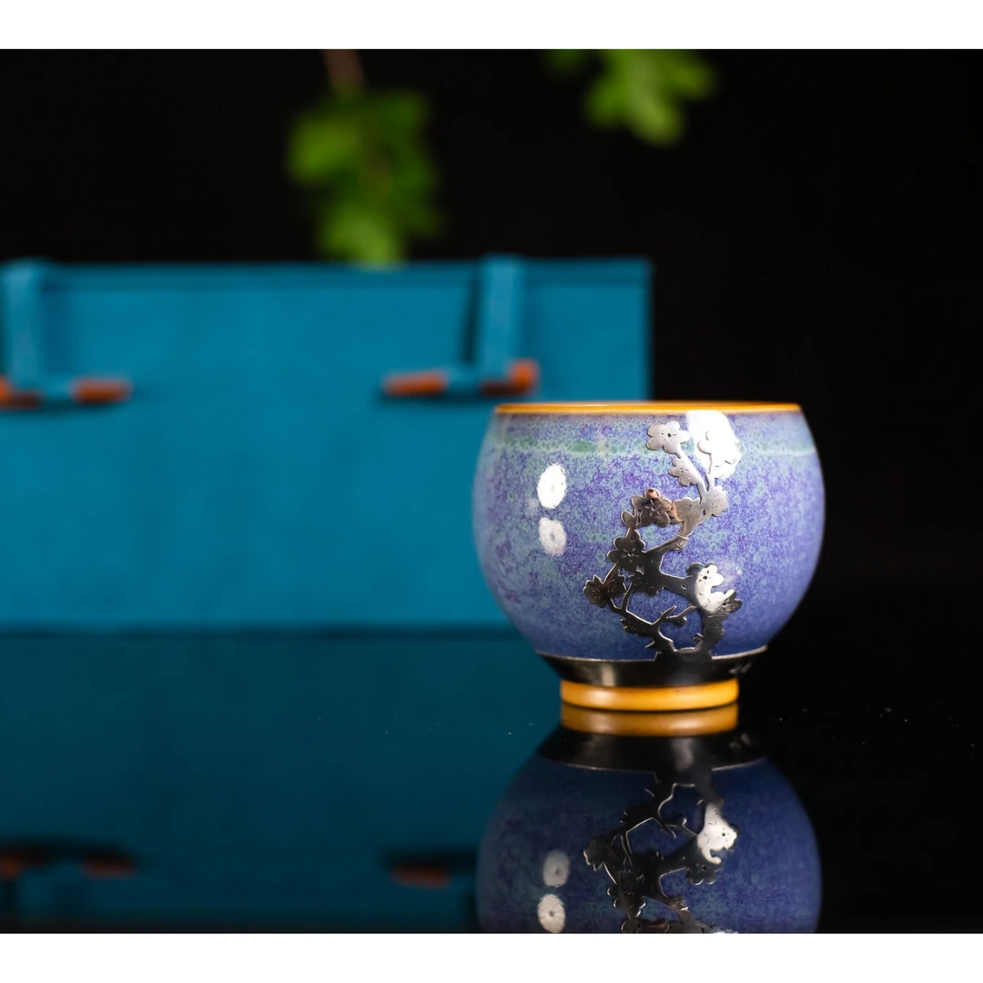 茶具茶杯陶瓷主人杯品茗杯钧瓷纯手工盒装蓝色手绘柴窑珐琅彩描金