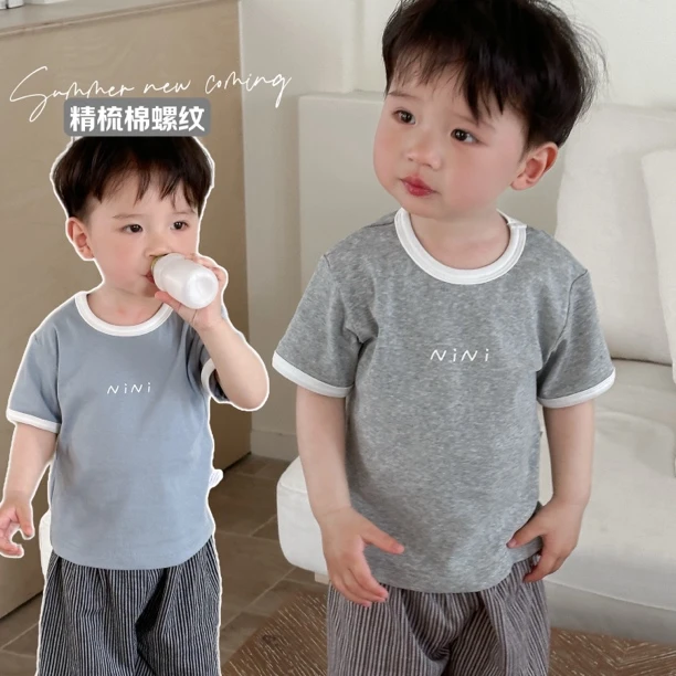 【棉螺纹】婴幼儿夏季圆领灰色短袖T恤宝宝汗衫