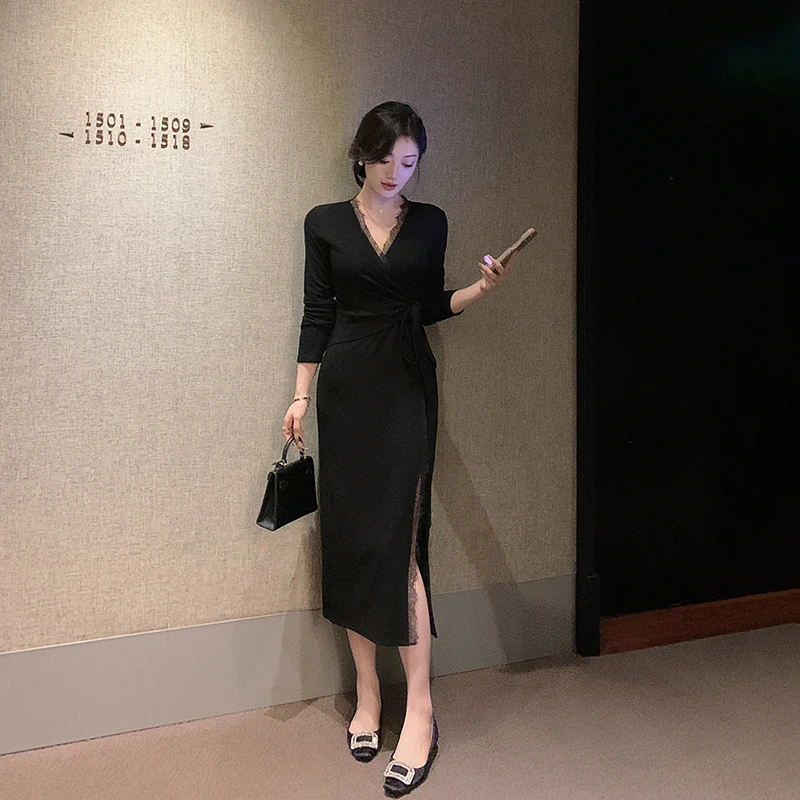 岛歌夫人 【气质战裙】气质赫本风黑色蕾丝拼接长裙交叉V领连衣裙