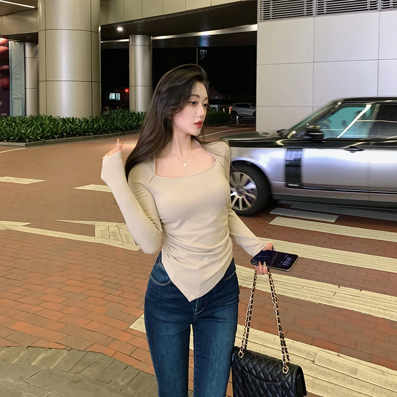 岛歌夫人 抽褶收腰不规则长袖T恤设计感小众上衣A51239