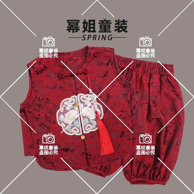 【现货】【周岁红】2024幂姐原创儿童新中式暗纹提花上衣短袖汉服2214