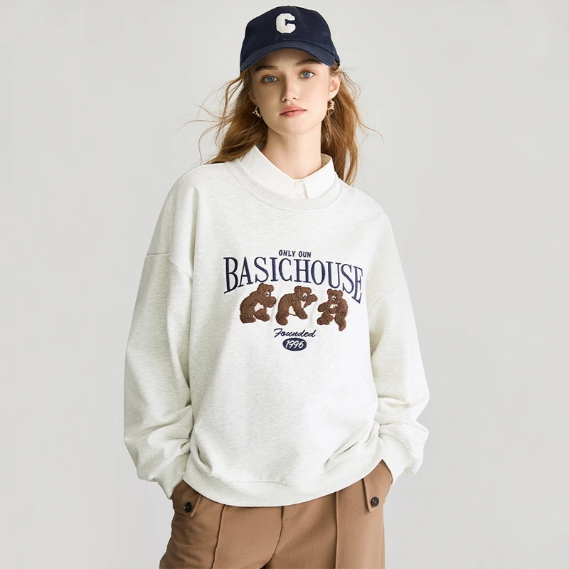 Basic House/百家好卡通植绒套头卫衣女春季新款慵懒风上衣1712