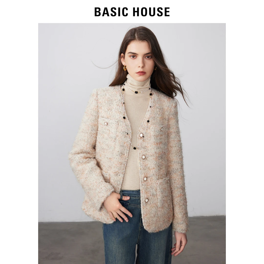 Basic House/百家好羊毛粗花呢外套冬季轻薄小香风羽绒服女AY82
