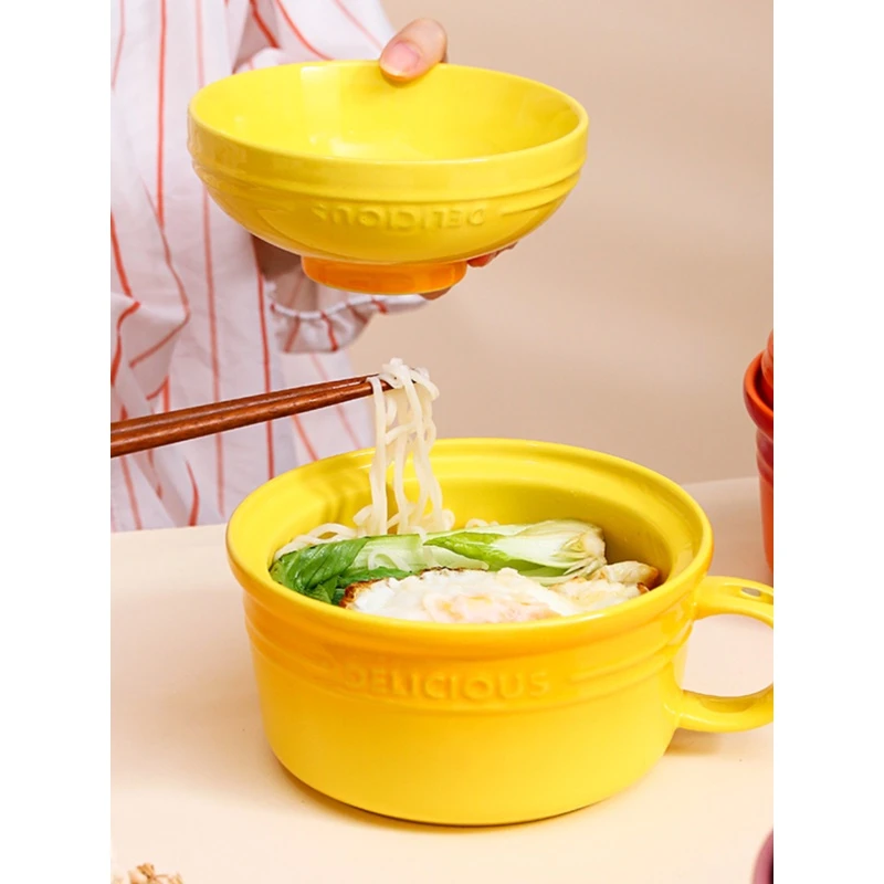 泡面碗带盖陶瓷沥水大号碗宿舍上班族食堂打饭碗大学生碗盘餐具